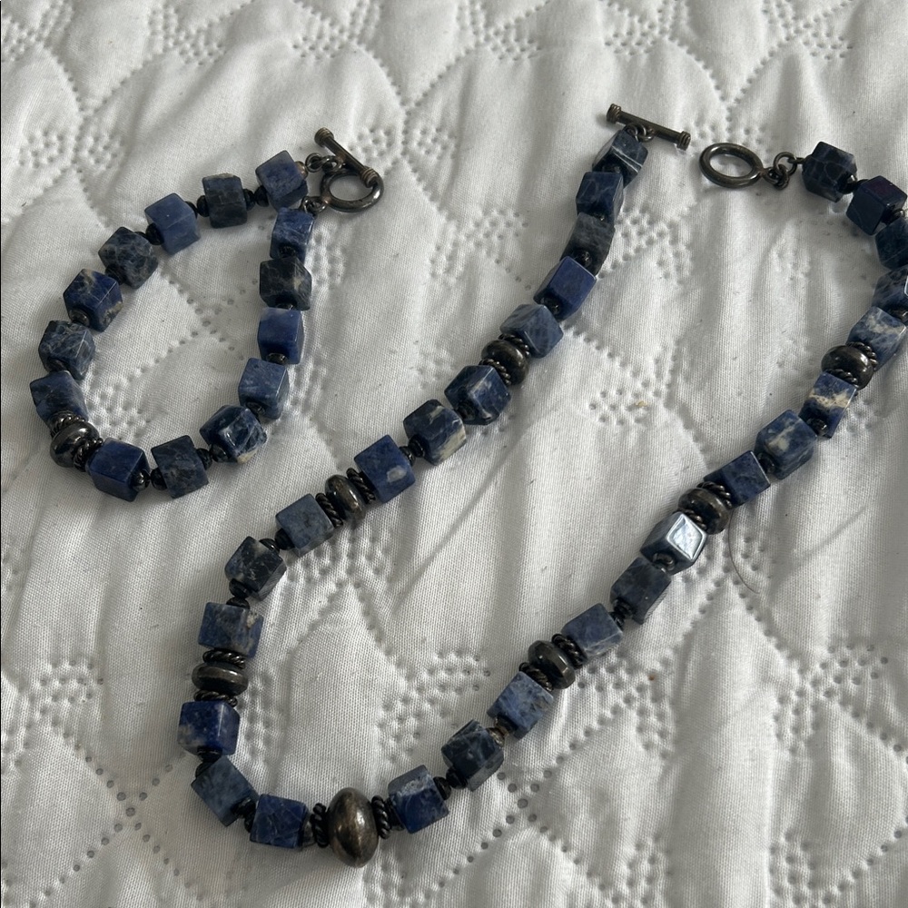 Blue Stone Bead Necklace and Bracelet Set